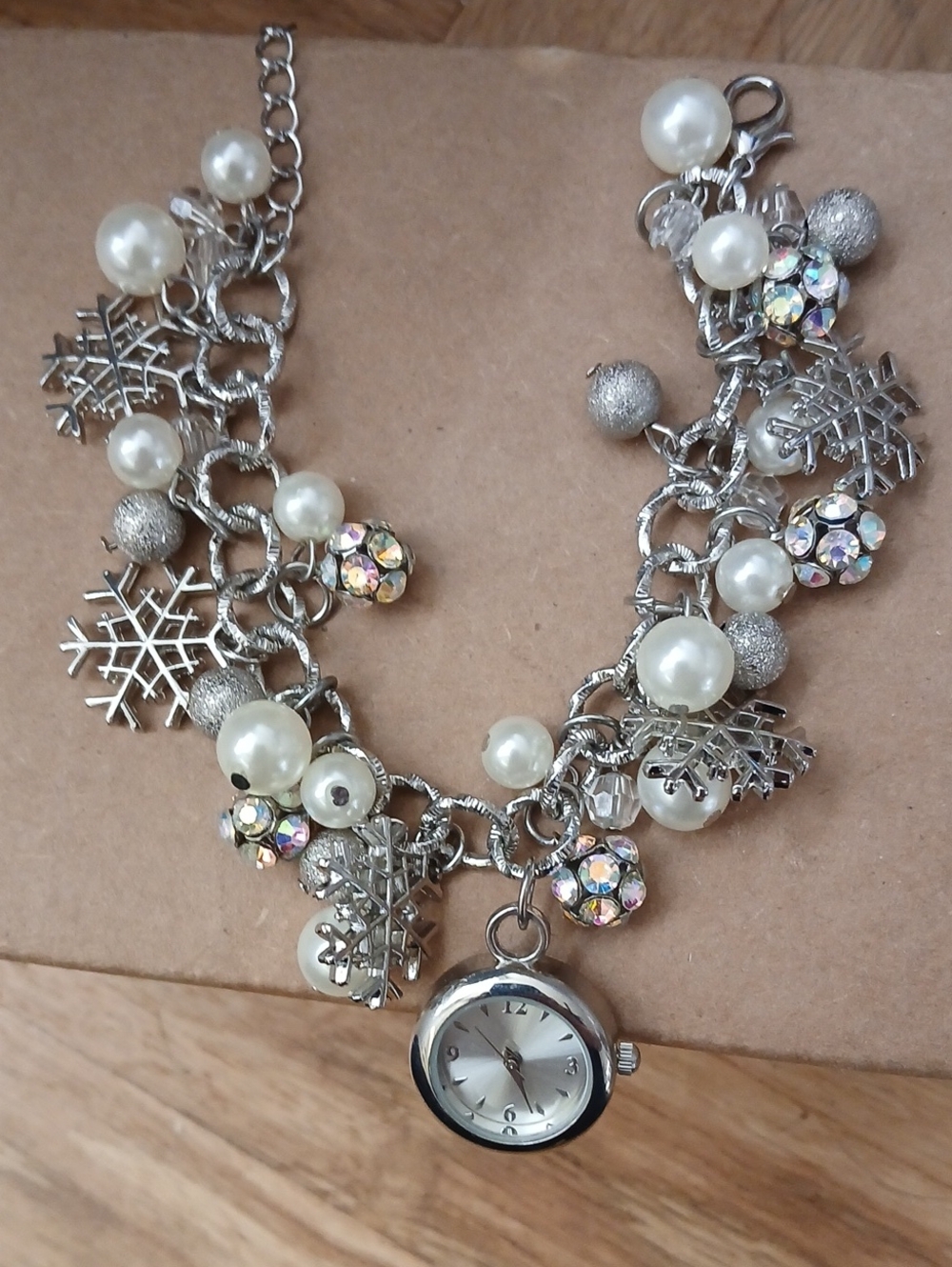 Silver Pearl & Crystal Charm Watch Bracelet - Women Jewelry